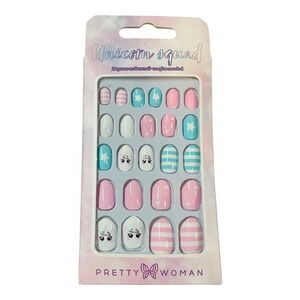 Pretty Woman Unicorn Squad 24 Press on Faux Nails Kids Girls Pink Blue White